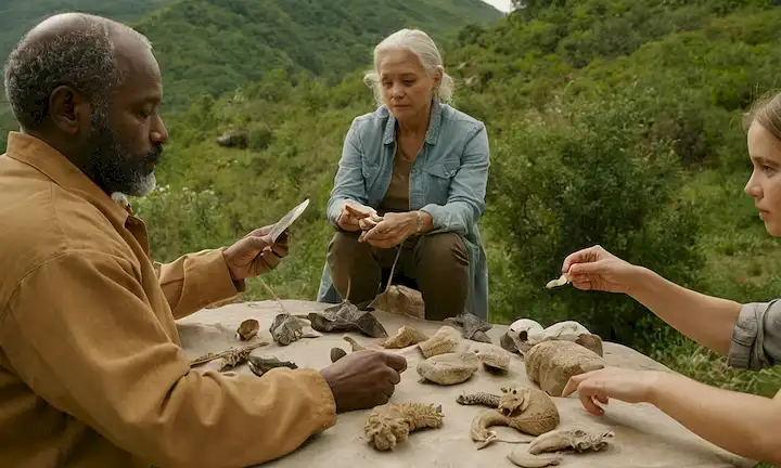 Un grupo diverso de personas, que varían en edad, etnia y capacidad, participando en actividades de diferentes culturas, con un telón de fondo de paisajes naturales, simbolizando la coexistencia; manos humanas que sostienen objetos que representan la investigación científica; sutiles indicios de procesos evolutivos, como fósiles o artefactos antiguos; colores cálidos y vibrantes que evocan emociones, diversidad e inclusividad