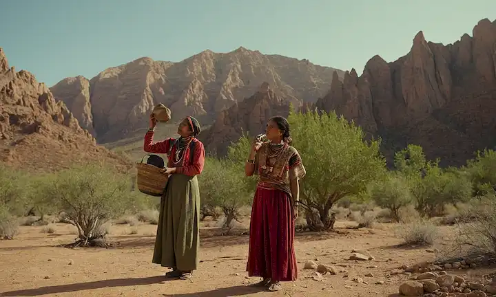 2-3 personas de diferentes orígenes culturales que se reúnen en un paisaje con diferentes condiciones ambientales (montañas, bosques, desiertos), con objetos representativos de sus tradiciones y prácticas únicas, como herramientas, ropa o alimentos Una figura está mirando hacia arriba, otra está mirando hacia abajo en el suelo, y la tercera se enfrenta directamente hacia adelante, transmitiendo un sentido de diversidad, curiosidad y exploración