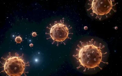 moléculas 3D de fármacos contra el cáncer conjugados en órbita alrededor de un núcleo central