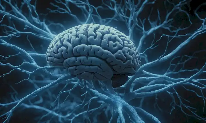 Escaneo cerebral 3D, nubes giratorias de neuronas, luz azul brillante, niebla etérrea, textura sutil, silencio extraño, oscuridad con flashes de visión, pensamientos fragmentados, rincones ocultos, susurros de conciencia