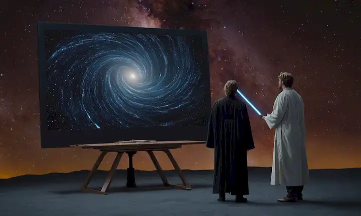 Un vórtice giratorio, rodeado de estrellas y planetas, con un brillo Jedi Lightsaber brillante, junto a un tilkboard lleno de ecuación físico, en medio de un paisaje de galaxia, con dos figuras separadas - una en túnicas, una en la capa de laboratorio