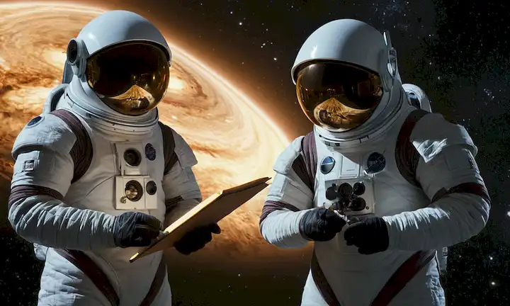 Astrónomos del siglo 17 en trajes espaciales que estudian mapas de estrellas, galaxias formadas de planetas orbitantes, salvadores de luz como ondas gravitacionales, estrellas binarias como soles duales, naves espaciales con leyes de movimiento Newtons inscritas en cascos