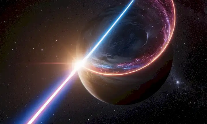 Vortex giratorio 3D con estrellas, planetas y galaxias en el fondo, un Caballero Jedi con un sable de luz emergente de la curvatura del espacio-tiempo, cara de Einstein superpuesto en una estrella o planeta, energía de la fuerza pulsando a través de la escena, tendriles de ondas gravitacionales que conectan objetos distantes