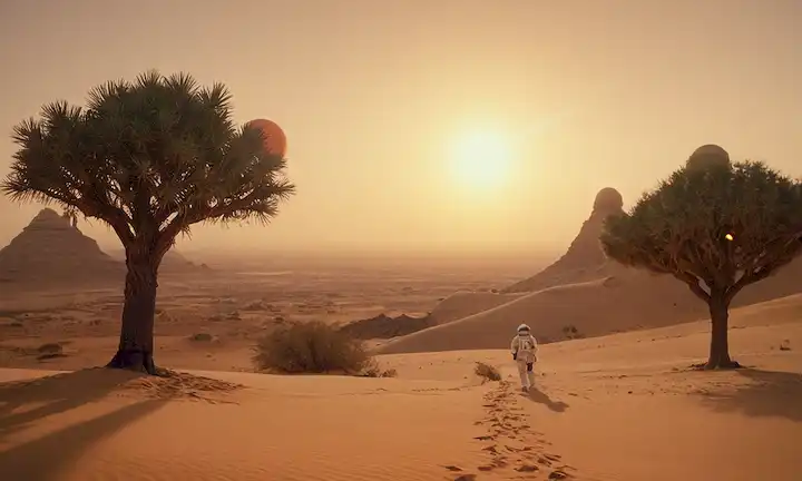 2 astronautas, anillos planetarios, nave espacial volando hacia la Tierra, puesta de sol binaria en Tatooine, manzana cayendo de árbol, campos de fuerza, galaxias colisionando, salvavidas cargando