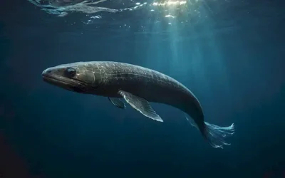 Un fondo azul oscuro con una gran criatura de anguila que emerge del agua