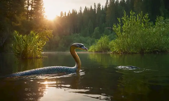 Un lago sereno al atardecer con un resplandor mesmerante, rodeado de vegetación exuberante y árboles altos, con una criatura acuática estrepitosa y brillante que emerge de las profundidades, su cuerpo ondulando como una serpiente, con escamas brillantes y ojos penetrantes que parecen mirar hacia el alma