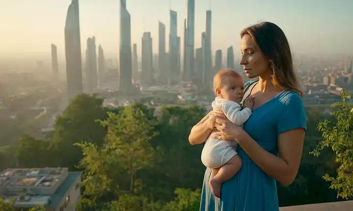 Un futurista paisaje urbano con impresionantes rascacielos, un cielo azul brillante con sutiles toques de smog, una madre que sostiene a un bebé y amamantar mientras mira hacia el horizonte, una pista de un mundo utópico donde los humanos coexisten armoniosamente con tecnología avanzada y la naturaleza, la cálida luz del sol arrojando largas sombras, vegetación vibrante que rodea los edificios, un sentido de optimismo y esperanza para el futuro