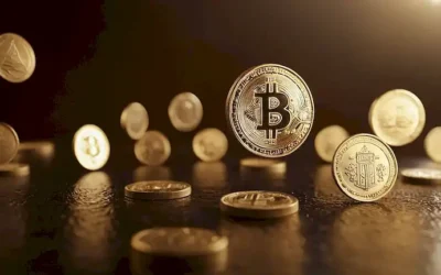 Monedas 3D flotando en el aire medio