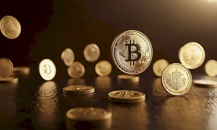 Monedas 3D flotando en el aire medio