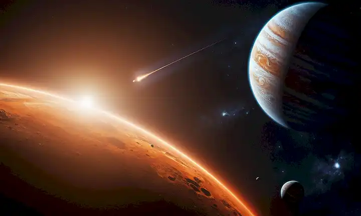 Un brillante planeta azul y naranja Júpiter, orbitando en el espacio, con una nave espacial cilíndrica que se acerca, teniendo paneles solares y antenas, rodeado de estrellas y asteroides, en medio de una atmósfera parecida a la nube