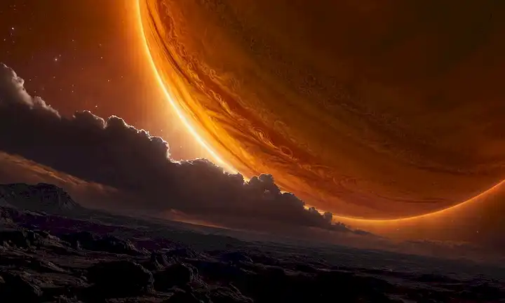 Bandas de nubes Júpiters, nubes de tormenta giratorias, anillos planetarios distantes, fondo del sistema solar, paleta de color amarillo naranja, efectos vibrantes como la aurora, silueta de nave espacial, paisaje cósmico