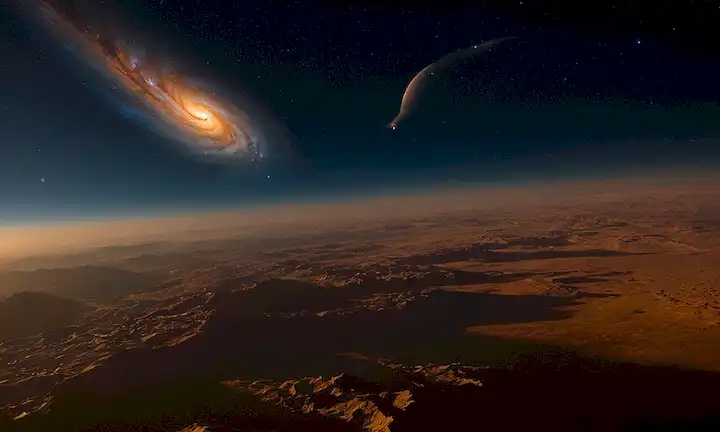La atmósfera de los Júpiters gira con nubes naranjas y blancas, la trayectoria de cometa en forma de coma, pequeñas naves espaciales Juice se acerca al planeta desde lejos, luz dorada refleja las bandas de nubes Júpiters, cuerpos celestes en fondo distante, Tierra un pequeño punto azul en esquina superior derecha, paneles solares naves espaciales se extienden para la recolección de energía