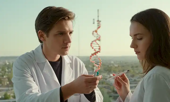 2 adolescentes con células cancerosas, un médico que sostiene un modelo de ADN, un lápiz genético sobre un lienzo blanco, un microscopio en el fondo, un paisaje urbano débil o un paisaje detrás, colores cálidos para la esperanza y la vida, tonos oscuros para la enfermedad y la mortalidad, un efecto gradiente sutil para simbolizar la transición