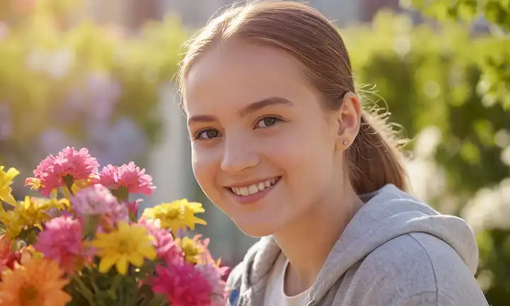 Chica de 17 años con leucemia, sonriendo, sosteniendo un lápiz, rodeada de flores coloridas, luz solar suave y fondo hospitalario borroso, transmitiendo esperanza y recuperación