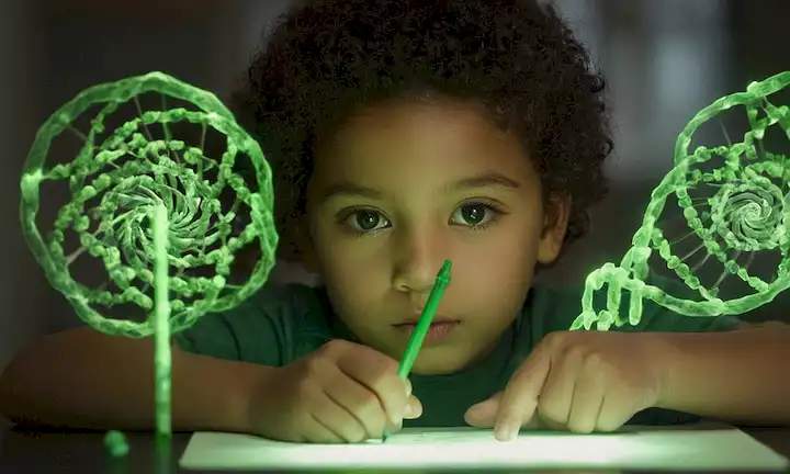 Células 3D en movimiento, verde brillante, rodeadas de espirales dobles de helix de ADN, equipo médico sutil, luz esperanzadora en el fondo, cara de los niños o mano conteniendo un lápiz en foco