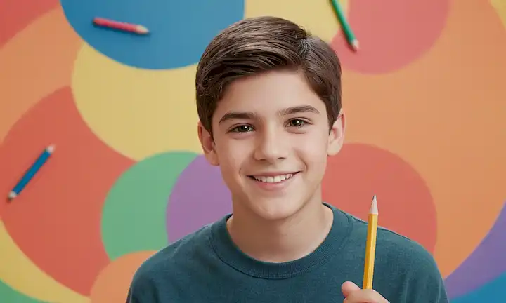 niño de 15 años, cara sonriente, ojos brillantes, pelo oscuro, ropa casual, sosteniendo un lápiz o un crayón, rodeado de colorido fondo, formas y patrones giratorios, representando creatividad y esperanza, posiblemente con un ligero toque de equipo de tratamiento de leucemia en la esquina