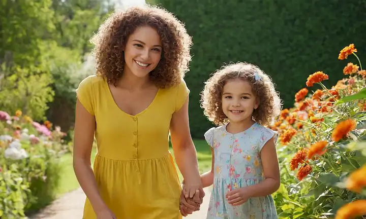 Una joven sonriente con pelo rizado y una sonrisa brillante, agarrando las manos con su madre vigiendo en un jardín soleado, rodeado de flores florecientes y mariposas coloridas, transmitiendo esperanza y alegría, en medio de un ambiente cálido y acogedor, representando la remisión de una enfermedad mortal, contra un fondo suave y sereno
