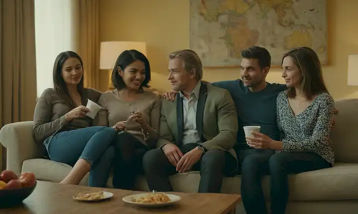 Una familia con diversos orígenes y edades, sentado en un sofá o alrededor de una mesa de cena, entre vistas al paisaje urbano, con sutiles toques de influencias internacionales, como banderas, mapas o símbolos culturale
<center><img decoding=