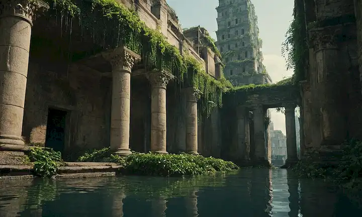 Paisaje urbano 3D con edificios de hundimiento, caminos desgarrados y pobladores angustiados; templos antiguos con agua que siembran; rascacielos futuristas parcialmente sumergidos en aguas turbias; paredes desmoronadas con pilares de piedra cubiertos de marfil; callejones estrechos con restos flotantes