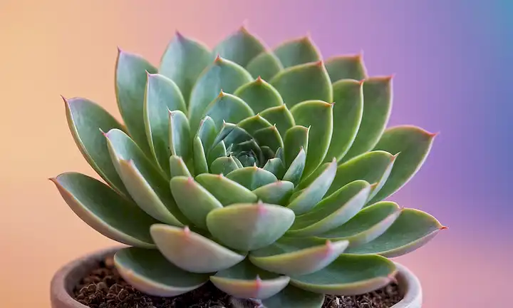 Un suculento verde delicado y frondoso con una expresión estresada, sus pétalos ligeramente drooping, rodeado de pequeñas ondas sonoras que emanan de su base, frente a un fondo sutil, de color gradiente con toques de azul y púrpura, transportando serenidad y tranquilidad