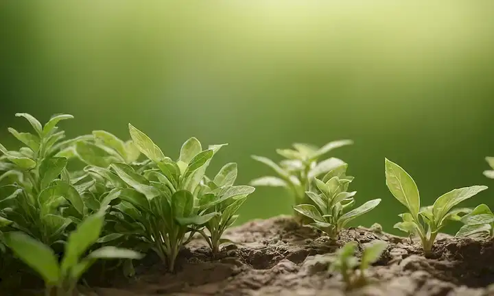 un plano de cerca, frondoso fondo verde, pequeñas figuras de plantas, expresiones angustiadas, ondas de sonido sutil, brisa suave, enfoque suave, colores pastel, detalles intrincados, atmósfera caprichosa