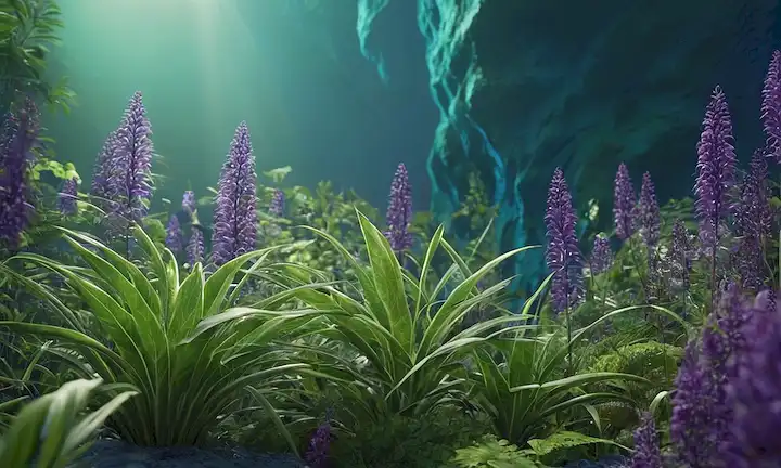 ilustración 3D de una variedad de plantas con formas y texturas únicas, emitiendo vibraciones sutiles, ondas y tendriles wispy, transmitiendo respuestas de estrés en tonos de verde, azul y púrpura, en medio de un fondo sereno