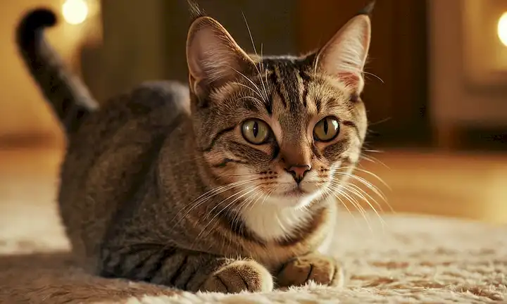 gato 3D, orejas aterciopeladas, ojos curiosos, silbidos sutiles, patas suaves, fondo borroso, iluminación cálida, sombras sobre la piel