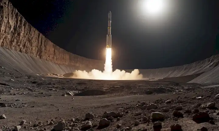 Un brillante flash iluminando un paisaje árido y rocoso, un enorme cráter en el centro con escombros esparcidos alrededor, una ciruela de polvo que se levanta en el espacio, nave espacial de la NASA orbitando arriba, lunar reliquia perturbado por el impacto