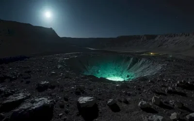 Una oscura y robusta superficie lunar con un brillante flash en el centro