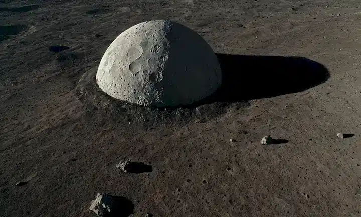 Superficie lunar, terreno cráter, nave espacial rusa, daños de impacto, escombros dispersa, terreno rocoso, luz solar brillante, sombras oscuras