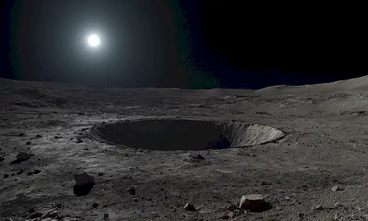 Superficie de la luna con un cráter oscurecido en el centro, restos de naves espaciales rusas esparcidos alrededor de ella, regolito lunar perturbado, nube de polvo que sale del lugar de impacto, vasta extensión de terreno grisáceo, sombras débiles en los cráteres, terreno rugoso y rocoso