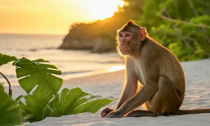 Un paisaje caribeño sereno, un macaque rhesus, una playa aislada, un ambiente de puesta del sol, un follaje denso, un sutil toque de misterio, colores tropicales, pose juguetona, un aire de intimidad, un sentido del secreto