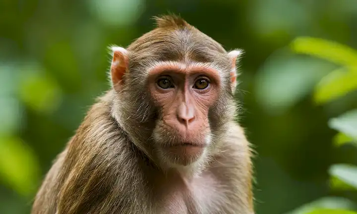 2 adultos macaques Rhesus, escenario caribeño, día soleado, vegetación exuberante, individuo dominante acercarse subordinado, expresiones curiosas, lenguaje corporal sutil, proximidad pero no tocar