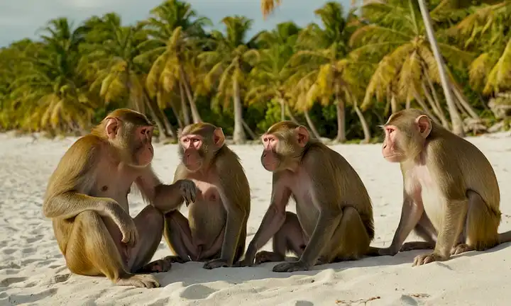 Un grupo de macaques resus, machos y hembras, interactuando, tocando, y se acogieron unos a otros en una playa soleada con palmeras, mientras que algunos se ven curiosos, otros relajados, en medio de un mar Caribe tranquilo con veleros en la distancia