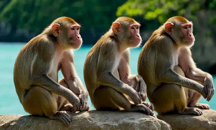 2 adultos Macascos Rhesus sentados en una costa del Caribe rocosa, las manos juntas, una con la cabeza inclinada contra la otra, mirando lejos del observador, bajo un exuberante canopy verde, con ondas oceánicas azules en el fondo