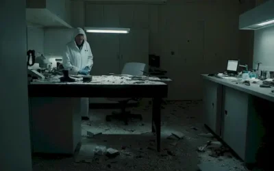 Un laboratorio oscurecido con equipo roto dispersado en el suelo
