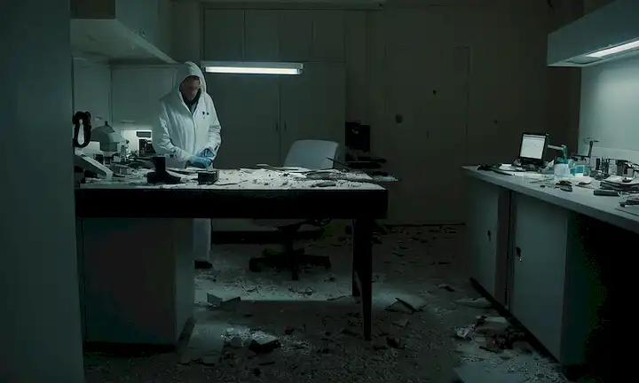 Un laboratorio oscurecido con equipo roto dispersado en el suelo