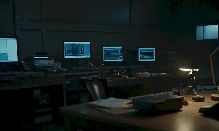 Un laboratorio oscuro, con filas de computadoras viejas y archivos polvorientos, un científico en el fondo, una luz débil proveniente de un microscopio roto, un desorden disperso alrededor de ellos, un sentido de urgencia, un indicio de traición, sombras, secreto