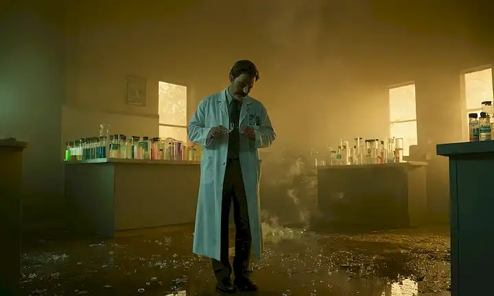 Un ambiente oscuro de laboratorio, luces fluorescentes deslumbradas, tubos de prueba llenos de líquidos malhumorados, un beaker que se rompe en el suelo, un científico en una capa de laboratorio mirando hacia fuera en vergüenza, un bigote falso pegado al contador, una figura en miniatura de un político rodeado de señales de dólares, humo que suben de los humos de engaño