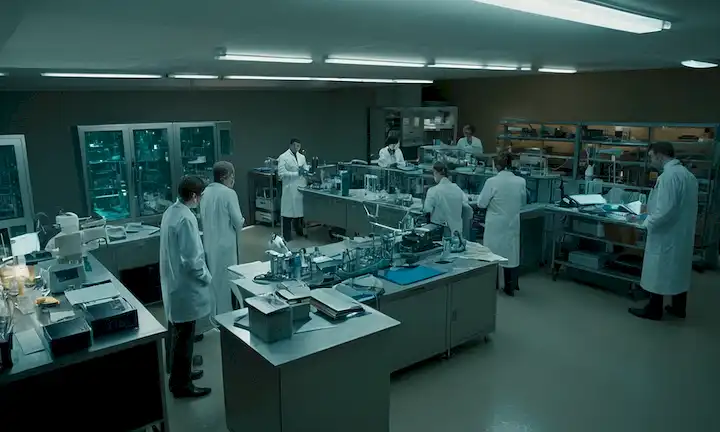 Una escena de laboratorio con científicos en capas de laboratorio rodeados de maquinaria y equipo, un toque de caos y desarray, un fondo oscuro o diminuto, papeles dispersos y archivos en mesas, un sentido de urgencia y secreto, una luz débil de una pantalla de computadora o una cámara oculta, sombras proyectadas por las máquinas