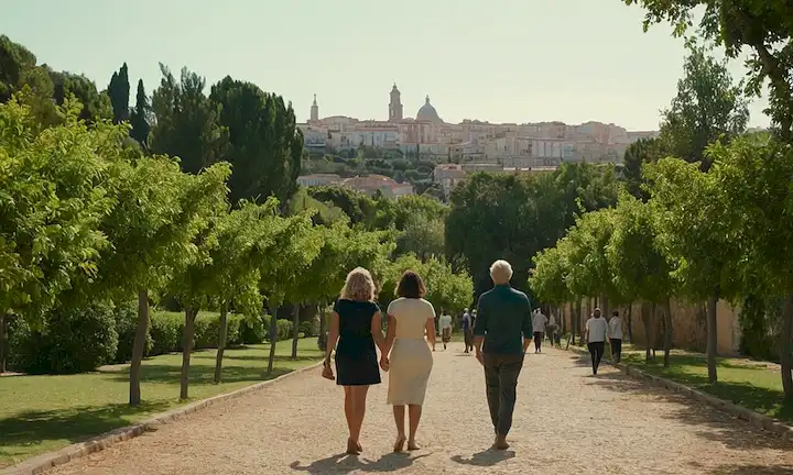 2-3 personas con diferentes tonos de piel y edades, caminando juntos en un entorno tipo parque con vegetación exuberante, rodeado de formas sutiles o siluetas de edificios y hitos de España y Portugal, con un fondo débil que insinúa a un paisaje urbano