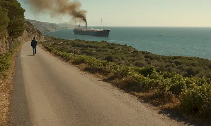 Mapa 3D de España y Portugal, hojas de tabaco esparcidas a través de la masa de tierra, células cancerosas que se multiplican en las carreteras, un barco que navega lejos de la costa con humo que se separa, una persona caminando hacia un paquete de cigarrillos, un esbozo débil de un pulmón de fumadores en el fondo