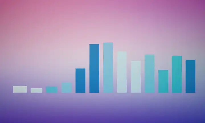 Gráfico de barras 2D con columnas multicolores, fondo sanitario, personas en la distancia, efecto gradiente sutil, múltiples tonos de azul y púrpura, formas abstractas, diseño minimalista, tipografía simple