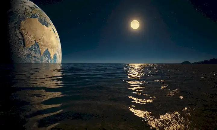 globo 3D con cráteres y sombras, aguas azules serenas iluminadas por la luna, suaves ondas en la superficie, sutiles nubes brillantes en el fondo, suave iluminación dorada