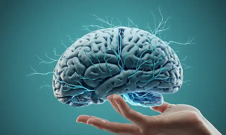 3D rendering of a brain with neurons and synapses highlighted