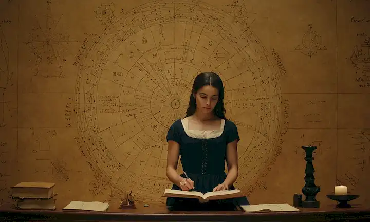 Matemáticas españolas del siglo XIX, figura femenina en el centro, rodeada de símbolos matemáticos y diagramas, libros antiguos y papeles esparcidos alrededor, sutilmente asno a Cantors establecer teoría en el fondo, tono de color cálido con luces apagadas