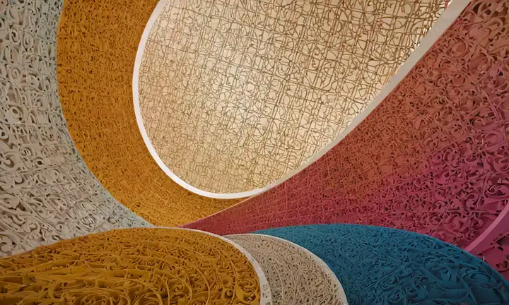 Rendimientos 3D, fórmulas matemáticas, figura femenina, rejilla de fondo, formas abstractas, curvas y espirales, paleta colorida, tipografía audaz, patrones geométricos, afeitado sutil