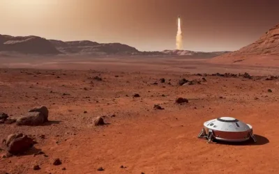 ilustración 3D del paisaje de Marte con nave espacial aterrizando a distancia