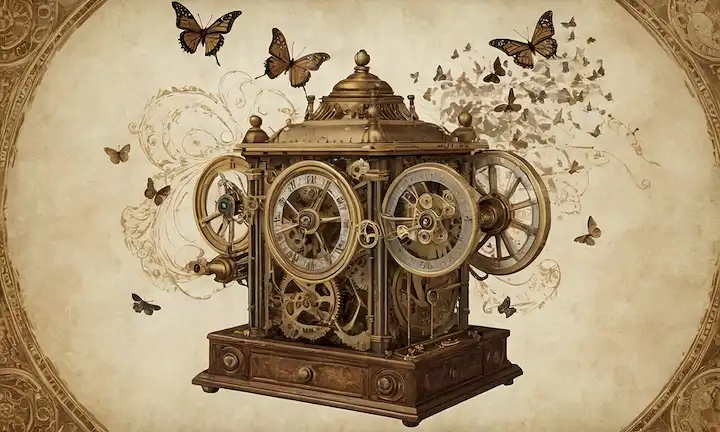 Ilustración de estilo 1920 de una máquina de relojería caprichosa con engranajes que se convierten en un vórtice giratorio de números, rodeado de mariposas e ingenios de humo, con una textura de fondo sutil que parecen papel viejo o pergamino