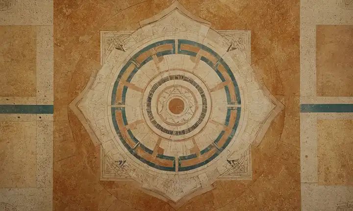 5 plazas pequeñas con diferentes fronteras de colores, un patrón geométrico en el centro, arquitectura antigua de inspiración griega en el fondo, ilustraciones estilizadas de símbolos matemáticos y formas